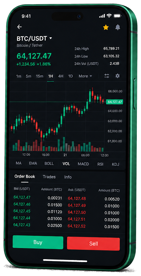Plataforma de trading Boost +Opt Exorex no celular — gráfico BTC/USDT ao vivo, livro de ofertas e interface de compra e venda